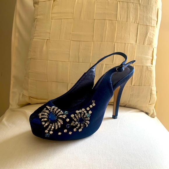 Royal navy blue embellished satin platform evening heels. - Picture 2 of 6
